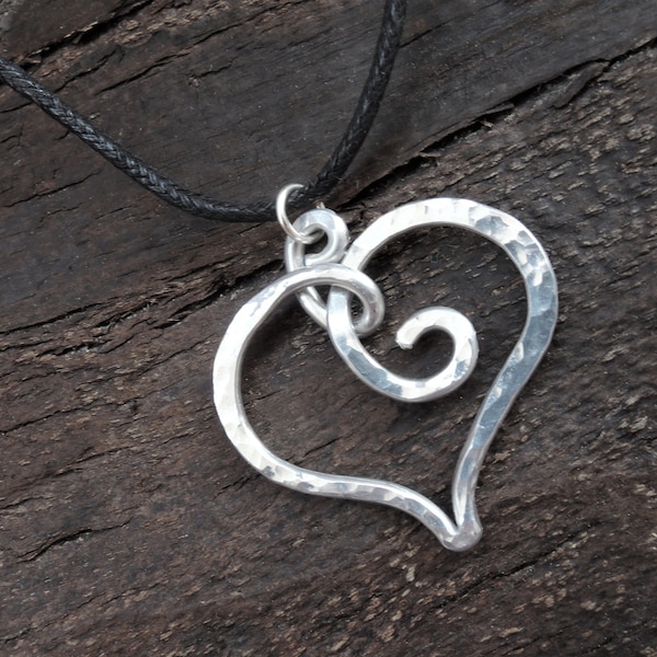 Silver heart necklace - Hammered aluminum wire jewelry - Love pendant - Large wire wrapped heart