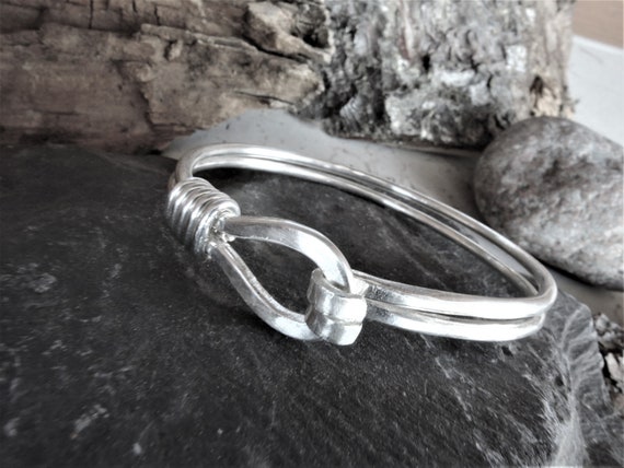 Minimalist Silver Bracelet - Hammered Sterling Silver Bangle - Loop and Hook - Handmade Silver 925 Wire Wrap Jewelry - Mens or Womens