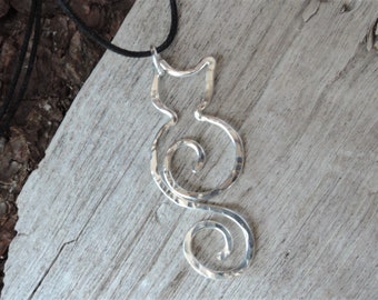 Silver cat necklace  - Sterling silver - Cat lover necklace - Hammered metal pendant on adjustable cotton cord