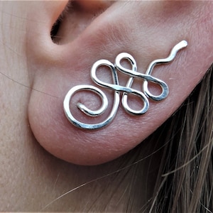 Unalome climber earring - Sterling silver copper brass crawler earrings - Spiral swirly ear climber - Unalome jewelry - Enlightenment