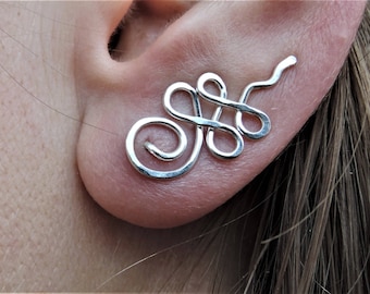 Unalome climber earring - Sterling silver copper brass crawler earrings - Spiral swirly ear climber - Unalome jewelry - Enlightenment