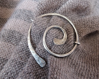 Silver shawl pin, scarf pin, hat pin, cardigan clip, wire wrap round spiral brooch Sterling silver Copper Minimalist Handmade