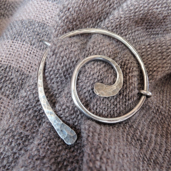 Silver shawl pin, scarf pin, hat pin, cardigan clip, wire wrap round spiral brooch Sterling silver Copper Minimalist Handmade