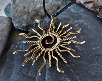 Ethnic sun necklace - Wire wrapped handmade brass solar symbol - Golden sun jewelry - Includes adjustable black cotton cord