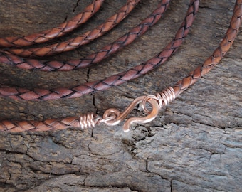 Leather Cord Necklace 3 mm Brown Thick jewelry cord Distressed genuine natural dye braided leather Clasp in copper, brass, sterling silver