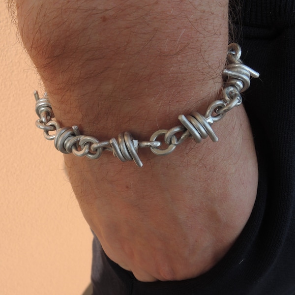 Bracelet en fil de fer barbelé pour homme - Grosse chaîne en aluminium argenté - Bracelet en fil de fer épais