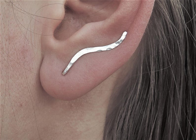 Bar earrings Silver ear climbers Wavy hammered sweep crawler earrings Sterling silver up the ear earrings Small simple ear pin