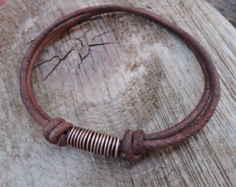 Adjustable mens leather bracelet Minimal simple antique copper and leather Black or brown