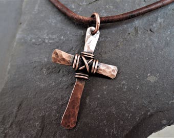 Hammered copper cross - Mens Unisex copper cross - Wire wrapped antique copper pendant - Christian jewelry - Rustic crucifix - Leather cord