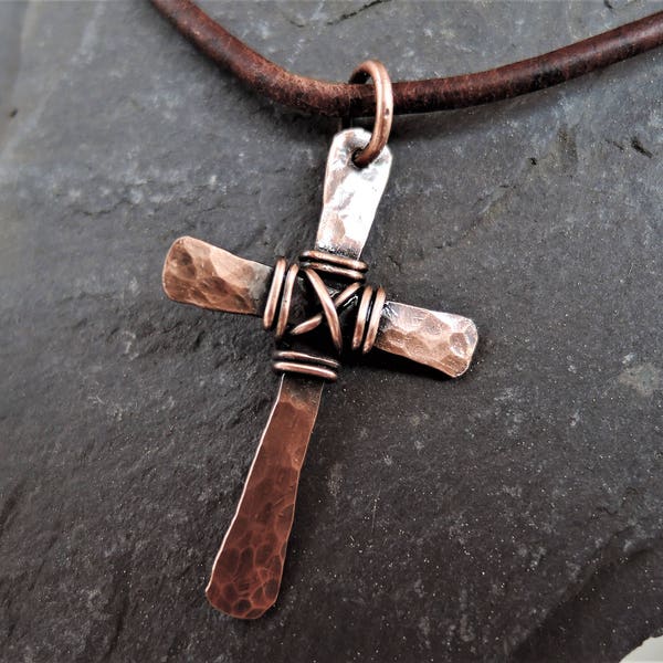 Hammered copper cross - Mens Unisex copper cross - Wire wrapped antique copper pendant - Christian jewelry - Rustic crucifix - Leather cord