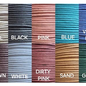 May include: A color chart of waxed cord in various colors, including beige, black, pink, blue, violet blue, brown, white, dirty pink, sand, and green. Each color is labeled with its name.