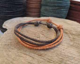 Leather Cord Bracelet 2 mm Suede distressed worn aged leather Sliding knots Adjustable genuine natural dye cord Double strand bracelet