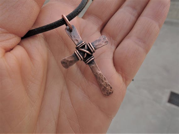 Hammered copper cross - Mens Unisex copper cross - Wire wrapped antique copper pendant - Christian jewelry - Rustic crucifix - Leather cord