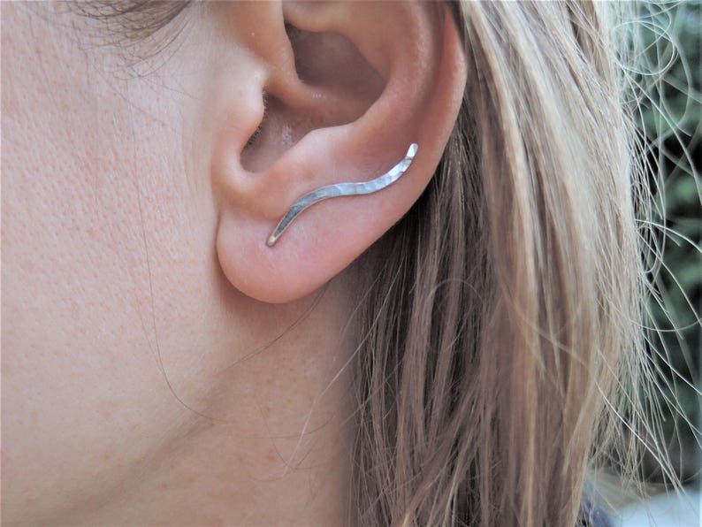 Bar earrings Silver ear climbers Wavy hammered sweep crawler earrings Sterling silver up the ear earrings Small simple ear pin