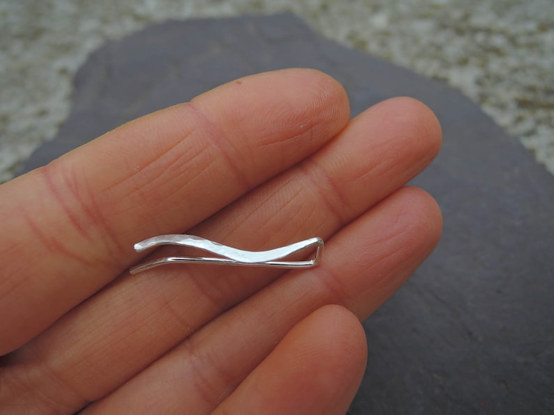 Bar earrings Silver ear climbers Wavy hammered sweep crawler earrings Sterling silver up the ear earrings Small simple ear pin