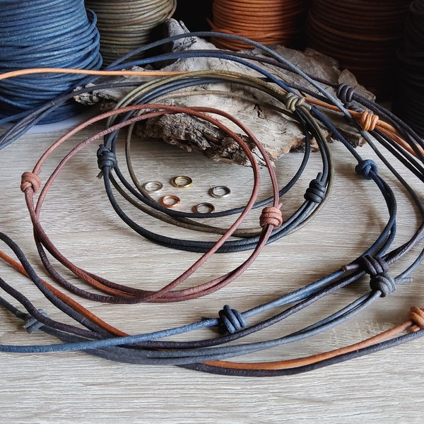 Leather Cord Necklace 2 mm Sliding knots Adjustable genuine natural dye jewelry cord Choker for pendant Leather string