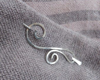 Silver shawl pin  - Swirls shawl or scarf pin - Brooch in German silver Sterling silver Copper Brass- Hammered pin