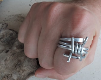 Mens barbed wire ring Unisex wire wrapped ring Silver aluminum barbed wire ring Spiral wrap around ring Biker punk Gothic guard