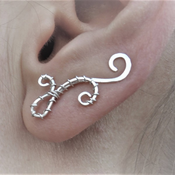 Pendientes de oruga esterlina - Barrido de oreja de trepador de oreja de orejera de plata - Pendientes boho de envoltura de alambre martillado