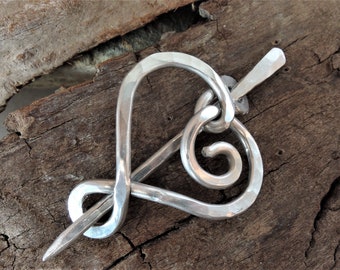 Celtic Heart Shawl Pin / Hair Pin Barrette /Brooch/Cardigan clip - Small Silver Aluminum Pin Closure, Fastener Jewelry - Knitting Accessory