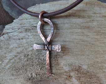 Copper Ankh necklace Mens Ankh cross Ancient Egyptian Ankh Cross with leather cord/chain