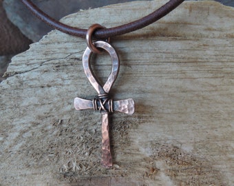 Koppar Ankh-halsband Herr Ankh-kors Forntida egyptiskt Ankh-kors med lädersnöre/kedja