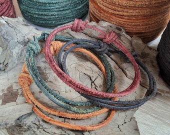 Leather Cord Bracelet 2 mm Suede distressed worn aged leather Sliding knots Adjustable genuine natural dye cord Double strand bracelet