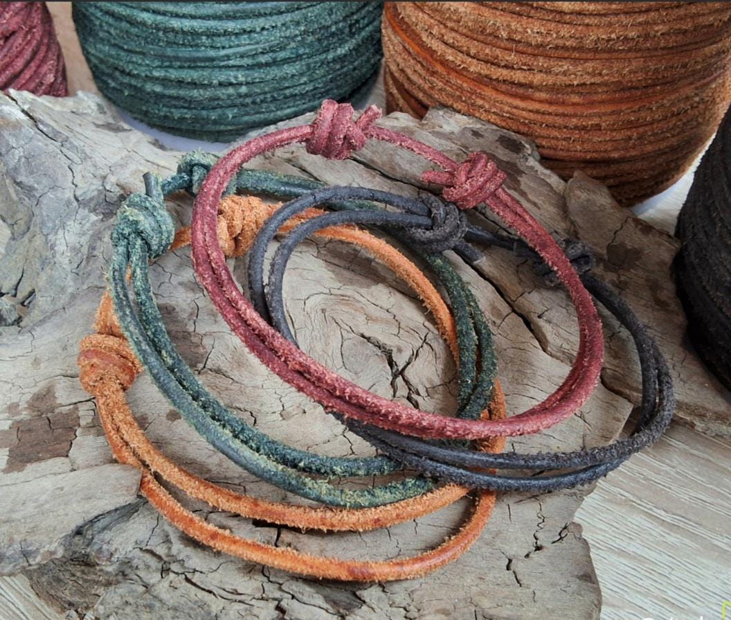 Leather Cord Bracelet 2 mm Suede distressed worn aged leather Sliding knots Adjustable genuine natural dye cord Double strand bracelet