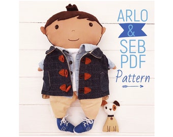 Dress Up Boy Cloth Doll 'Arlo' with Puppy Mini Doll 'Seb', Doll Clothes & Accessories PDF Sewing Pattern and Photo Tutorial Digital Download