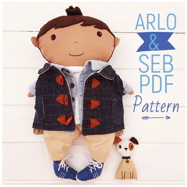 Habillage garçon, poupée en tissu « Arlo » avec chiot, mini-poupée « Seb », vêtements et accessoires pour poupée PDF patron de couture et tutoriel photo à téléchargement numérique