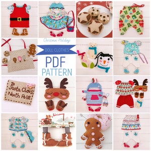 May include: A collection of 12 felt doll clothes patterns for Christmas holidays. The patterns include a variety of outfits, accessories, and toys, such as a gingerbread man, a snowman, and a reindeer. The patterns are available as a PDF download. "Christmas Holidays Doll Clothes PDF Pattern"