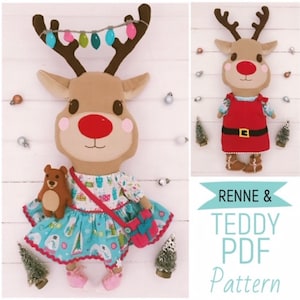 Vesti la bambola di stoffa "Renne" con mini orsacchiotto di feltro, vestiti e accessori per bambole di Natale, modello di cucito in formato PDF e tutorial fotografico