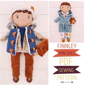 Piccola bambola di stoffa da vestire 'Finnley', con vestiti e accessori per bambole personalizzati, modello di cucito in formato PDF e tutorial fotografico da scaricare in formato digitale
