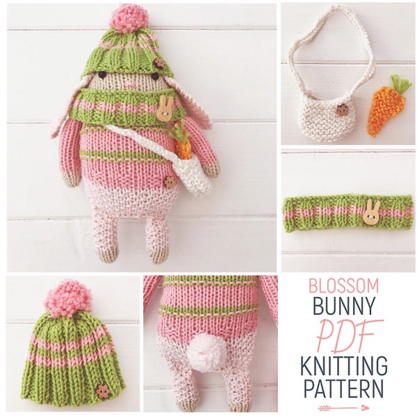 Handgebreid speelgoed Mini Bunny Rabbit Doll 'Bloesem' met gebreide accessoires PDF Breipatroon & foto-tutorial Digitale download