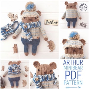 Hand Knitted Toy Mini Teddy Bear Doll 'Arthur' with Knitted Accessories PDF Knitting Pattern & Photo Tutorial Digital Download