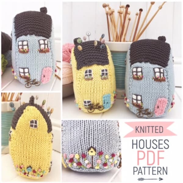 Hand Knitted Houses 'Wild Rose Cottage' and 'Peony House' Pincushion and Home Decor PDF Digital Knitting Pattern