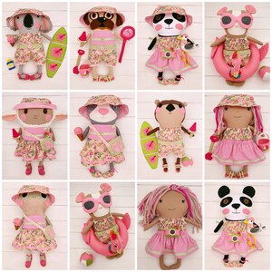May include: Ten handmade plush dolls dressed in pink and white summer outfits. Each doll has a different animal design, including a koala, a dog, a panda, a cat, a beaver, a mermaid, a unicorn, a panda, and a mermaid. The dolls are all holding summer-themed accessories, such as beach towels, surfboards, and ice cream cones.