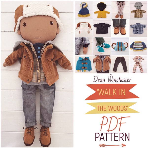 Muñeca de tela para vestir a un niño Dean Winchester con ropa y accesorios para muñecas de niño 'Walk in the Woods' Patrón de costura en PDF y tutorial fotográfico
