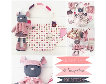 Mouse Dress Up Cloth Doll 'Maisie' with Doll Clothes, Accessories and Teacup Carry Case House PDF Sewing Pattern and Photo Tutorial