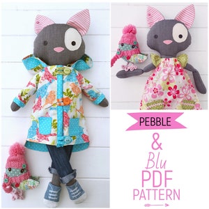 Mini-poupée chat en tissu « Pebble » et un ami « oiseau bleu » Mini poupée avec vêtements et accessoires pour poupée fille Patron de couture PDF et tutoriel photo
