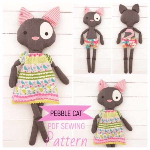 Dress up Cloth Cat Doll 'Pebble' in Girl Doll Summer Panel Dress PDF Sewing Pattern and Photo Tutorial Digital Download