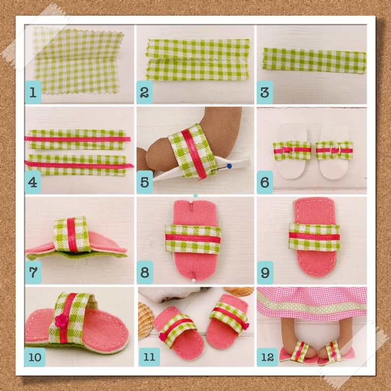 May include: A step-by-step tutorial on how to make felt sandals with green and pink gingham fabric. The tutorial shows the process of cutting, sewing, and assembling the sandals. The final image shows the sandals on a doll's feet.