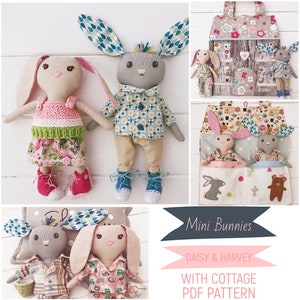 Mini Dress Up Bunny Rabbit Dolls &#39;Daisy&#39; & &#39;Harvey&#39; with Clothes, Accessories and Cottage Carry Case PDF Sewing Pattern and Photo Tutorial