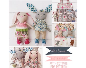 Mini Dress Up Bunny Rabbit Dolls 'Daisy' & 'Harvey' with Clothes, Accessories and Cottage Carry Case PDF Sewing Pattern and Photo Tutorial