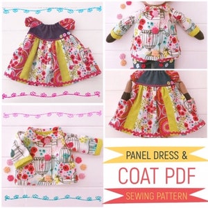 May include: A sewing pattern for a panel dress and coat for a doll. The pattern is printed on paper and includes instructions for sewing the dress and coat. The dress and coat are both made of colorful fabric with a birdcage print.