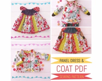 May include: A sewing pattern for a panel dress and coat for a doll. The pattern is printed on paper and includes instructions for sewing the dress and coat. The dress and coat are both made of colorful fabric with a birdcage print.