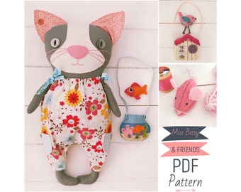 Dress Up Cloth Cat Doll including Felt Animal Friends, Clothing & Accessories PDF Sewing Pattern and Photo Tutorial Digital Download