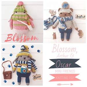 May include: Knitting pattern PDF for three knitted toy animals: Blossom the bunny, Arthur the bear, and Oscar the dog. Each toy is wearing a hat and scarf and carrying a small accessory. The pattern is titled "Blossom, Arthur & Oscar Mini Friends Knitting PDF".