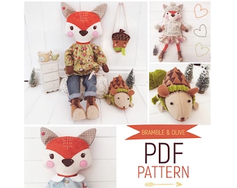 Dress Up Cloth Fox Doll 'Bramble' & Friend 'Olive' the Felt Hedgehog with Doll Clothes and Accessories PDF Sewing Pattern and Photo Tutorial