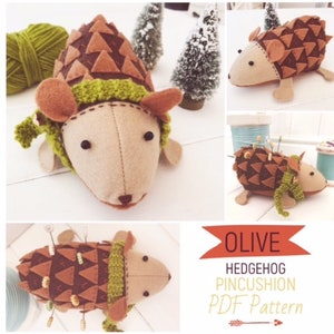 Felt Hedgehog Doll/Pincushion &#39;Olive&#39; with Knitted Scarf PDF Sewing Pattern & Photo Tutorial Digital Download